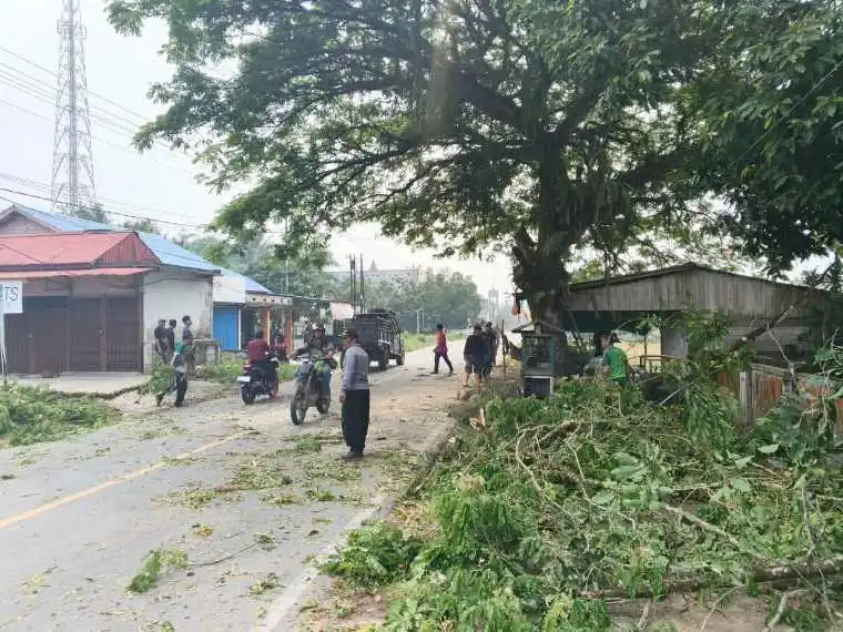 Kerja Bakti Koramil, Forkopimcam, dan Warga Antisipasi Bahaya Pohon di Sekolah Mandor
